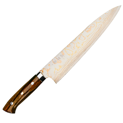 Rainbow Damascus - Japoński ręcznie kuty nóż kucharza Gyutoh 24 cm, Aogami 2 + mosiądz i miedź, Takeshi Saji