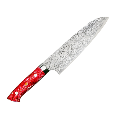 Red Turquoise - Damasceński, ręcznie kuty japoński nóż Santoku 18 cm, stal R2, Takeshi Saji