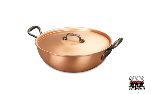 Fusion - Miedziany wok na indukcję z wkładem do pary i pokrywką, 2 krótkie żeliwne uchwyty, Ø 28 cm, Falk