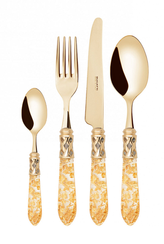Aladdin Gold Flakes - Sztućce dla 12 osób, złote płatki w trzonku, powłoka PVD, Wood box, Bugatti