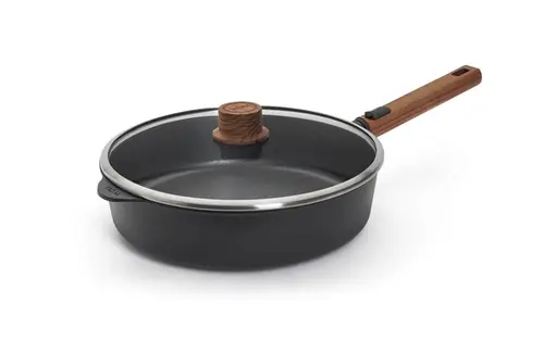 Eco Logic QXR Wood - Głęboka patelnia tytanowa z powłoką nieprzywierającą PFAS Free Ø 28 cm, odpinany drewniany uchwyt, WOLL