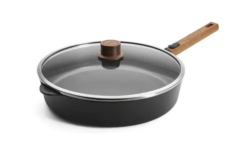 Eco Logic QXR Wood - Głęboka patelnia tytanowa z powłoką nieprzywierającą PFAS Free Ø 32 cm, odpinany drewniany uchwyt, WOLL