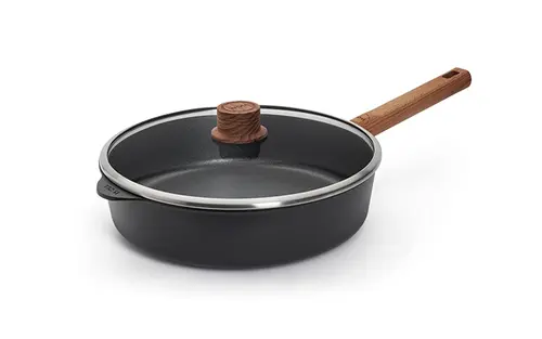 Eco Logic QXR Wood - Głęboka patelnia tytanowa z powłoką nieprzywierającą PFAS Free Ø 28 cm, drewniany uchwyt, WOLL